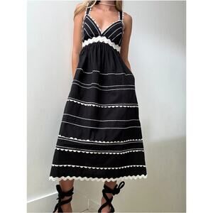 NWT SEA NY Black Ryleigh Ric Rac Sleeveless Dress V-Neck Midi Cotton Size 4